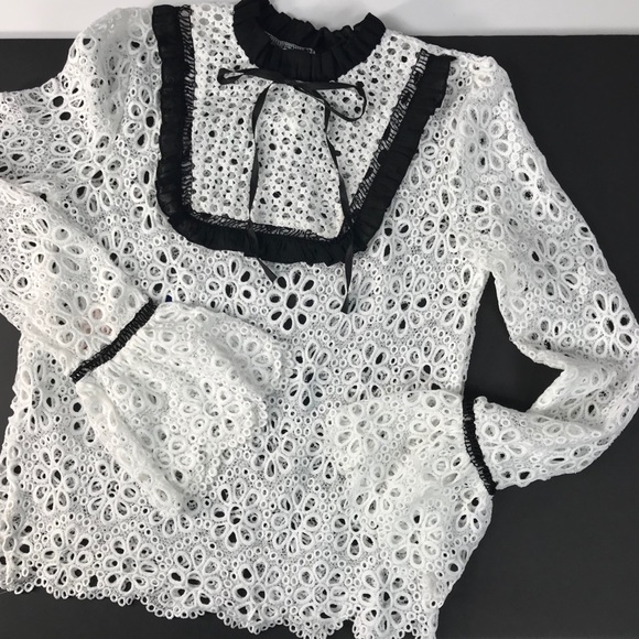 White Eyelet Blouse Ruffle Black Lace Boho Top - Picture 5 of 8